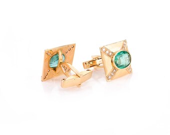 天然エメラルドダイヤモンドゴールドカフスボタン、ソリッド14K 