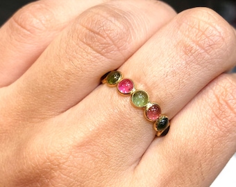 Gold Tourmaline Stacking Ring, Multi Gemstone Band Ring