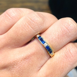 Natural Blue Sapphire Diamond Gold Ring, Solid 14K Yellow Gold, Sapphire Eternity Band, Stackable Ring, Wedding Band, Christmas Gift For Her