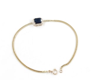 14K Gold Blue Sapphire Bracelet, Real Diamond Charm, Dainty Chain