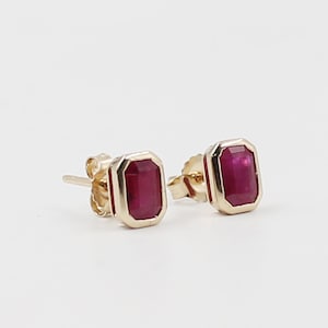 Natural Square Ruby Gold Stud Earring, Solid 14K Yellow Gold, July Birthstone, Bezel Setting Stud, Minimalist Earrings, Christmas Gift