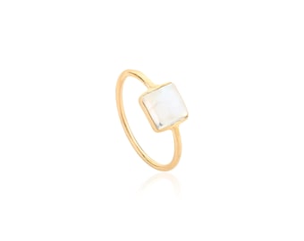 14K Solid Gold Rainbow Moonstone Ring, June Birthstone