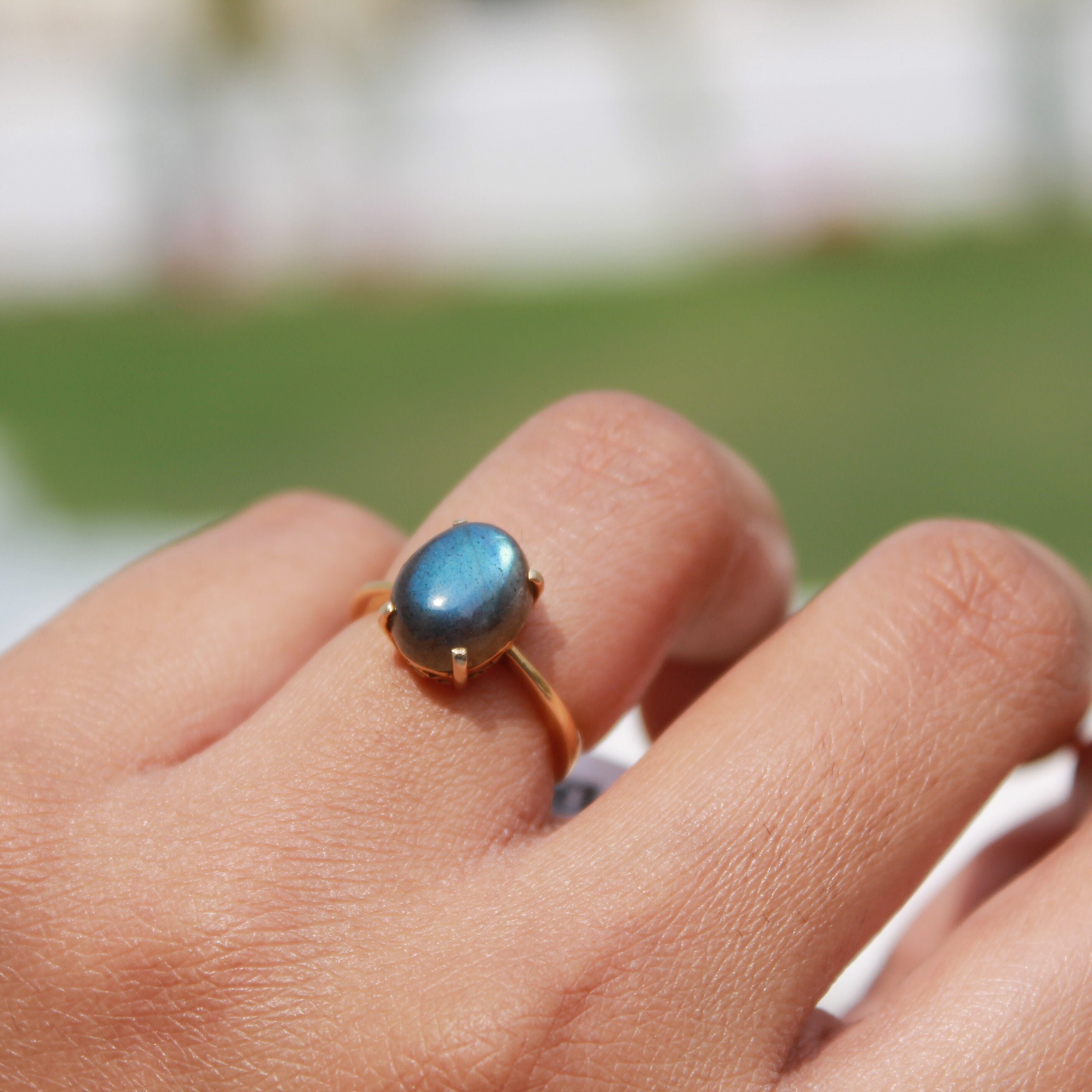 Natural Black Moonstone Gold Ring, Solid 18K Gold, Labradorite Oval Ring, June Birthstone, Solitaire Ring, Minimalist Ring, Christmas Gift