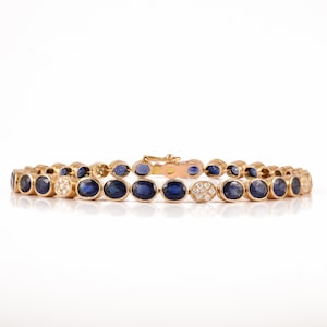 Natural Sapphire Diamond Bracelet, Solid 14K Gold Bracelet, Link Sapphire Bracelet, September Birthstone, Minimalist Diamond Tennis Bracelet