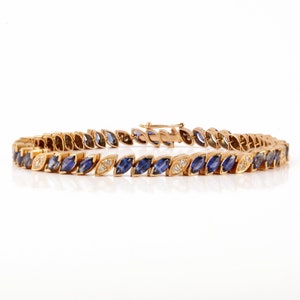 Leaf Sapphire Diamond Bracelet, Solid 18K Gold Sapphire Bracelet, Tennis Diamond Link Bracelet, September Birthstone, Bracelet For Women
