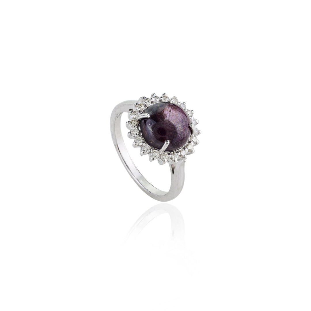 Solid 14K Gold Ring, Natural Star Ruby Ring, Real Cluster Diamond Ring ...