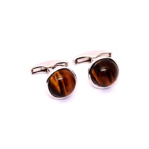 Natural Tiger Eye Silver Cufflinks, Solid 925 Silver Cuff Links, Minimalist Cufflinks, Birthstone Cuff links, Father&#39;s Day Gift