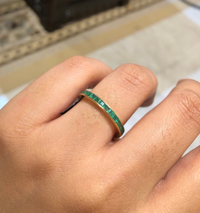 Natural Emerald Gold Band, Solid 18K Gold Ring, Eternity Band, May Birthstone Ring, Stackable Minimalist Ring, Wedding Band, Christmas Gift image 1