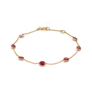 Natural Ruby Bezel Bracelet, 18K Gold Dainty Chain, Minimalist July Birthstone Jewelry