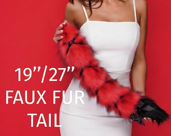 Red Fox Tail, Black Tip & Ribbon 19"/27", Faux Fur Furry Cosplay Clip-On