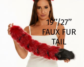 Red Fox Tail, Black Tip & Ribbon 19"/27", Faux Fur Furry Cosplay Clip-On