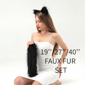 Zestaw z uszami i ogonem czarnego kota, sztuczne futro Neko Kitten Cosplay