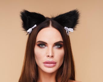 Black Cat Ears Headband Premium, Faux Fur Neko Kitten Cosplay