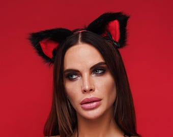 Black Red Cat Ears Headband, Faux Fur Neko Kitten Cosplay