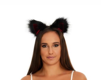 Black Cat Ears Headband Kawaii, Faux Fur Neko Kitten Cosplay