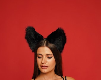 Black Cat Ears Headband, Faux Fur Neko Kitten Cosplay