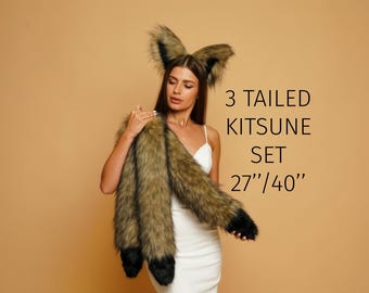 Brown Kitsune 3-Tailed Fox Ear and Tail Set, Anime Cosplay