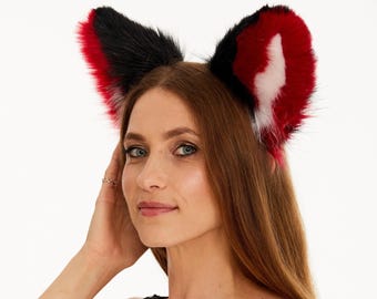 Black Red White Cat Ears Headband Furry, Faux Fur Neko Kitten Cosplay