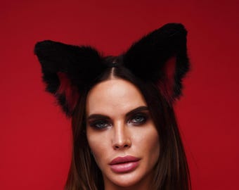 Black Red Cat Ears Headband Kawaii, Faux Fur Neko Kitten Cosplay
