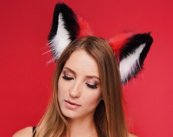 Red Black White Fox Ears Headband, Faux Fur Kitsune Anime Cosplay