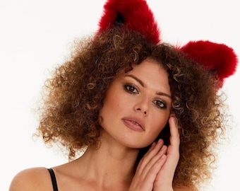 Red Black Cat Ears Headband Furry, Faux Fur Neko Kitten Cosplay