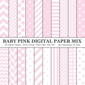 May include: A collection of 20 digital papers in baby pink and white. Each paper has a unique pattern, including chevrons, polka dots, stripes, and hearts. The papers are 12x12 inches and are JPEG files.