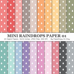 May include: A set of 20 digital papers featuring a repeating pattern of white raindrops on a variety of pastel colored backgrounds. The papers are 12x12 inches and 300 DPI.