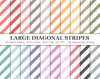 Könnte beinhalten: Set mit 20 digitalen Papieren mit großen diagonalen Streifen in verschiedenen Farben. Jedes Papier ist 12x12 Zoll groß und hat 300 DPI.  "LARGE DIAGONAL STRIPES" und "By PaperEnjoy On Etsy" sind unten im Bild gedruckt.