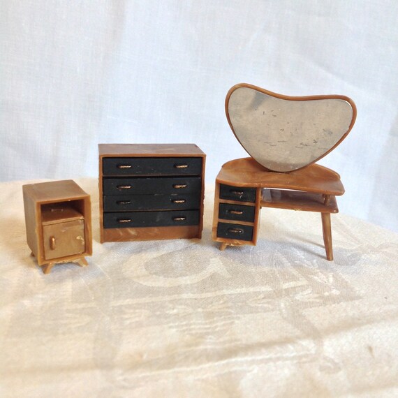 Vintage Dolls House Bedroom Furniture Dressing Table Side Table Drawers 1960s Collectables Blue Box Marked