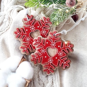 Red snowflake christmas ornament Wood tree ornaments