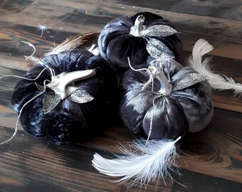 Halloween decorations for table Gothic wedding decor Black velvet pumpkins