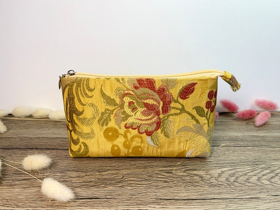 Cosmetic Bag. Silk Small Bag. Yellow Cosmetic Bag. Toiletry Bag. Cosmetic Case. Makeup Case. Makeup Zipper Pouch. Gift for Her. Floral Bag. Etsy UK