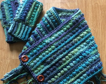 Handmade Crochet Buttoned Cowl and Wrist Warmers Set
