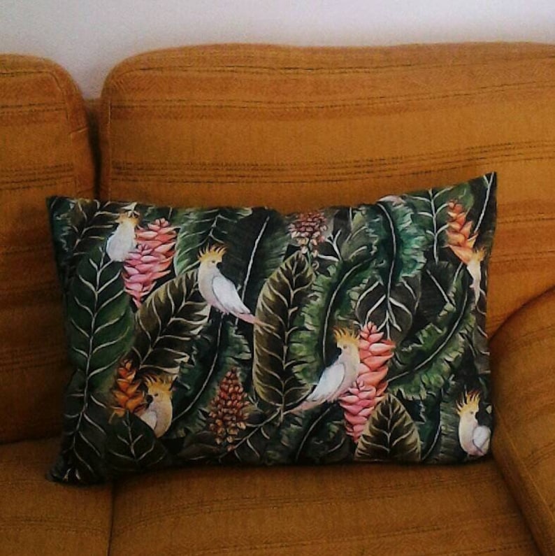 Cotton cushion with parrots and tropical plants rectangular summer theme polyester padding