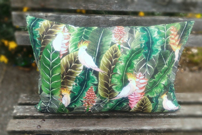 Cotton cushion with parrots and tropical plants rectangular summer theme polyester padding