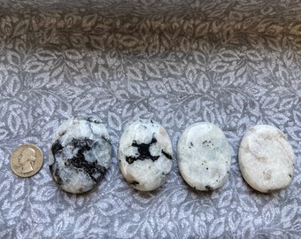 May include: Five smooth, oval-shaped moonstone palm stones with black and white markings. The stones are arranged in a row on a patterned fabric background.
