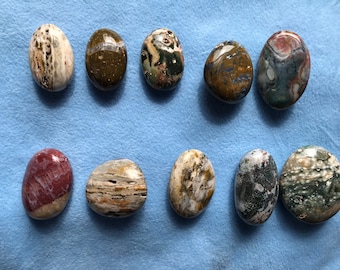 May include: Ten smooth, oval-shaped stones with various patterns of brown, white, gray, and red. The stones are arranged in two rows of five on a blue surface.