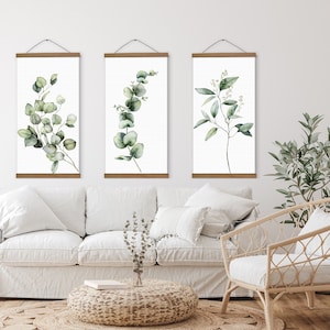 Set of 3 Canvas, Wall Art Canvas - 3 Panel Canvas Art Print Eucalyptus with Magnetic Wooden Hangers, Bedroom Wall Art Plant Print EC