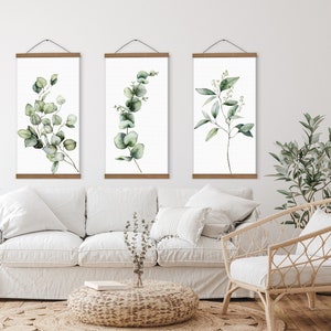 Set of 3 Canvas, Wall Art Canvas - 3 Panel Canvas Art Print Eucalyptus with Magnetic Wooden Hangers, Bedroom Wall Art Plant Print EC