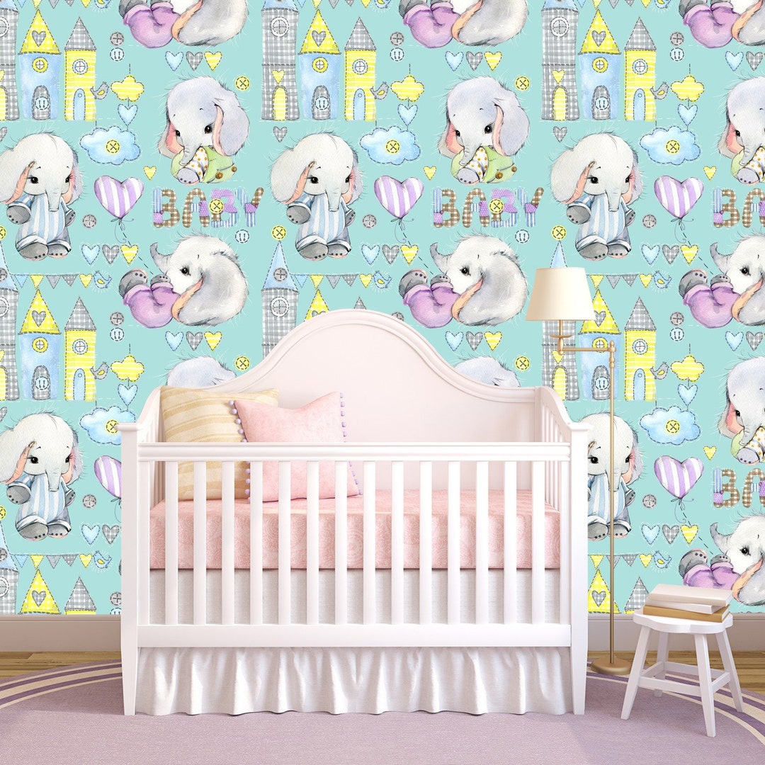 Cute Elephant Removable Wallpaper Kids Peel and Stick Wall Paper for