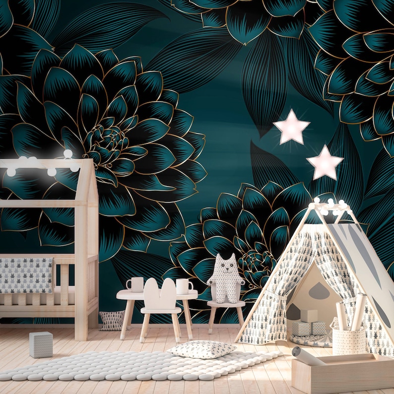 Dark Green Wallpaper Floral Wallpaper Botanical Wallpaper Etsy