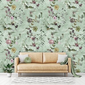 Green Wallpaper, Floral Wallpaper Flower Wallpaper, Pastel Botanical ...