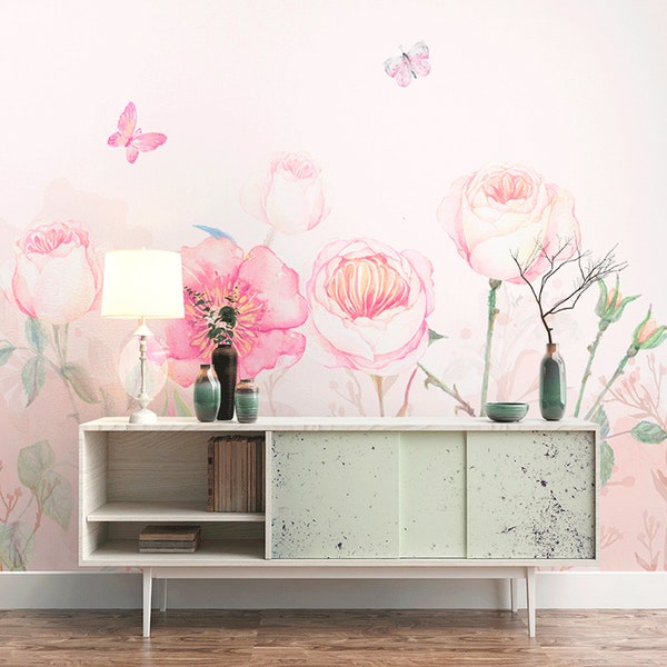 Large Flower Wallpaper | Pink Floral Removable Peel 'n Stick Wallpaper | Butterfly Wallpaper | Peach Roses Wallpaper # 465