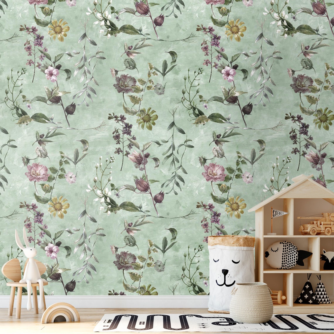 Green Wallpaper Floral Wallpaper Flower Wallpaper Pastel - Etsy