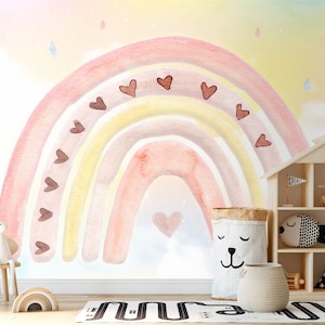 Rainbow Wallpaper Mural, Watercolor Playroom Wall Decor - Girls Nursery Wallpaper Peel and Stick with Hearts, Pink Temporary Wallpaper # 525