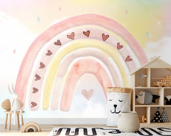 Rainbow Wallpaper Mural, Watercolor Playroom Wall Decor - Girls Nursery Wallpaper Peel and Stick with Hearts, Pink Temporary Wallpaper # 525