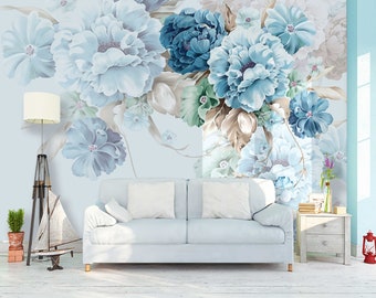 Blue Wallpaper, Large Floral Wallpaper Peel and Stick - Peony Wallpaper Mural, Botanical Wallpaper - Watercolor Removable Wallpaper # 500
