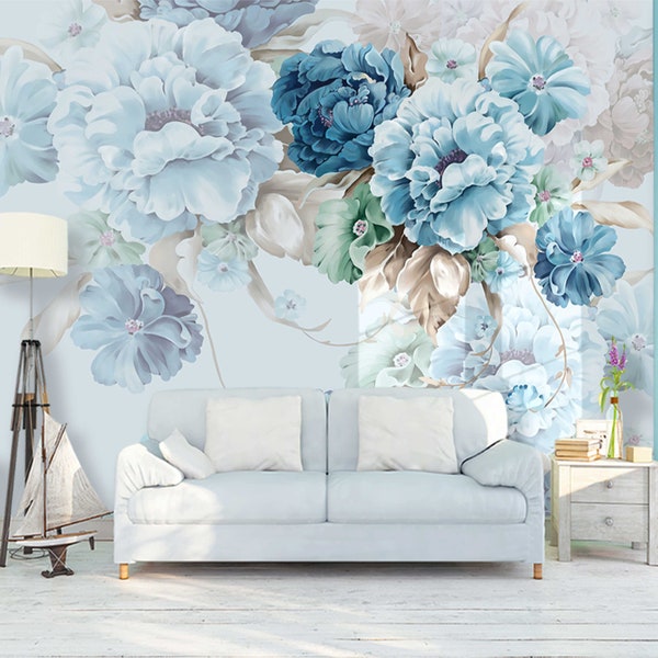 Blue Wallpaper, Large Floral Wallpaper Peel and Stick - Peony Wallpaper Mural, Botanical Wallpaper - Watercolor Removable Wallpaper # 500