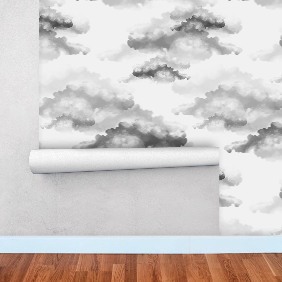 Cloud Nursery Wallpaper Temporary Watercolor Gray Sky Wall Etsy