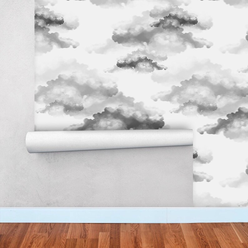 Cloud Nursery Wallpaper Temporary Watercolor Gray Sky Wall Etsy